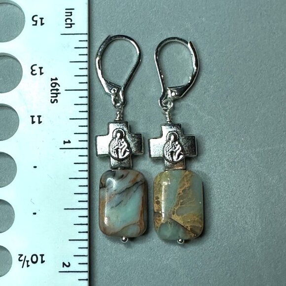 Silver Mother and Child Earrings Blue Opal Jasper Silver Filled Leverbacks - Picture 8 of 11